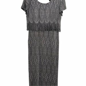 Vintage Cartise Gray Silver Short Sleeve Lace Fringe Maxi Dress Scoop Neck